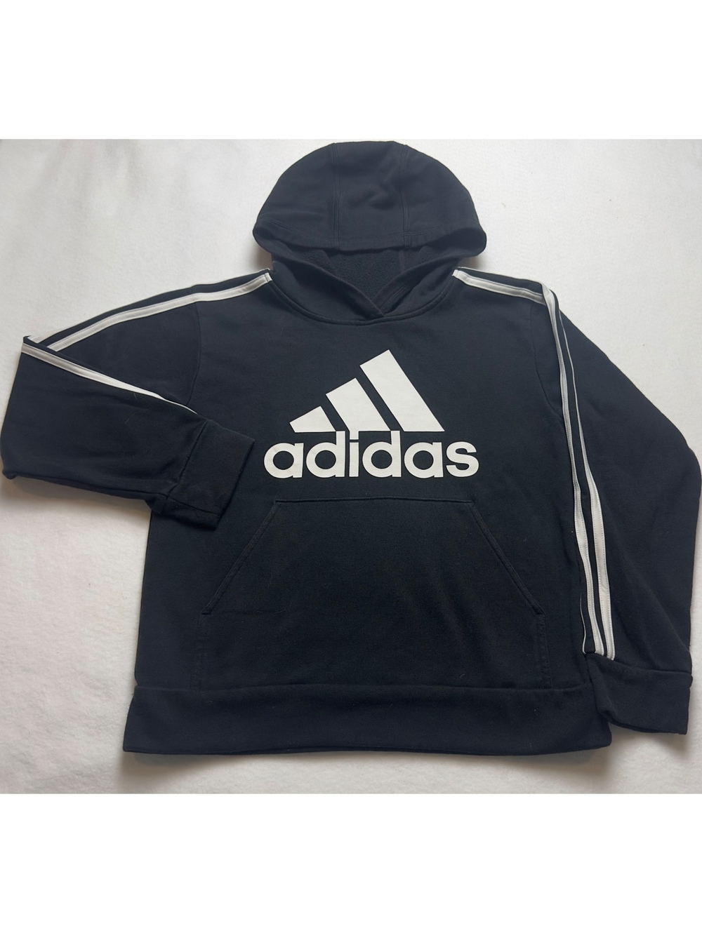 Adidas Kids M 10/12 Black Pullover Hoodie 3 Stripe Logo Fleece Sweatshirt